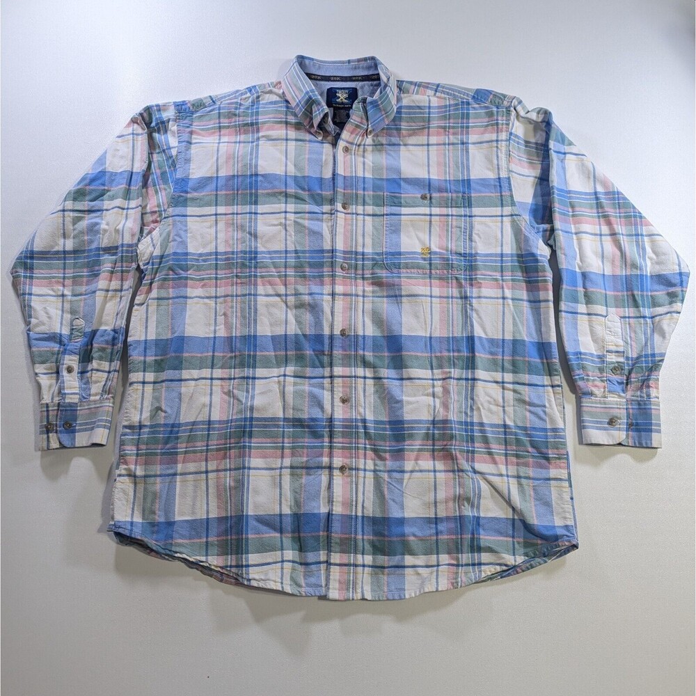 Vintage Wrangler 20X Mens 2XL Blue Pink Plaid Button Down Long Sleeve Shirt 90s